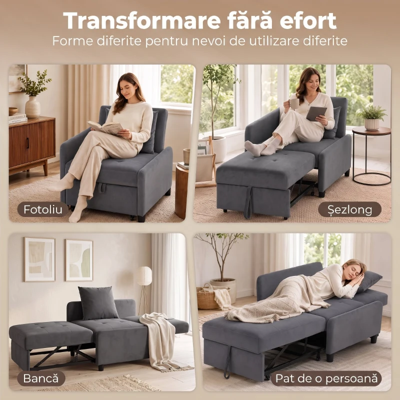 HOMCOM Fotoliu Extensibil 4 în 1 Tapițat, Rabatabil 3 Poziții, Catifea cu Roți, 73x90x83 cm, Gri Închis