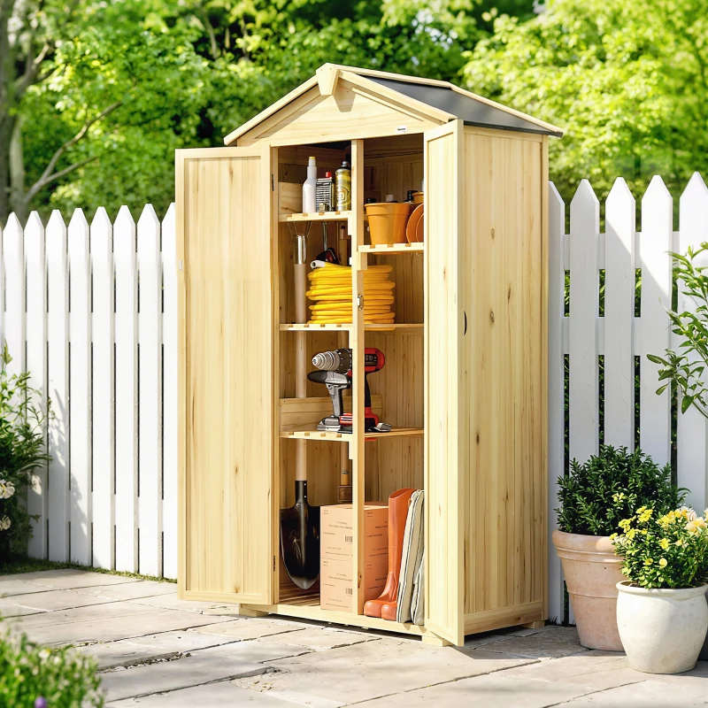 Outsunny Armadio da Giardino a 3 Ante con 4 Ripiani e Ganci, in Legno di Abete, 93x53x168 cm, Color Legno