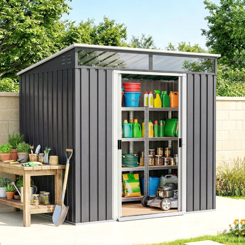 Outsunny 6.5 x 4FT Galvanised Metal Shed with Foundation Kit, Lockable Tool Garden Shed with Double Sliding Doors, Vents, Grey