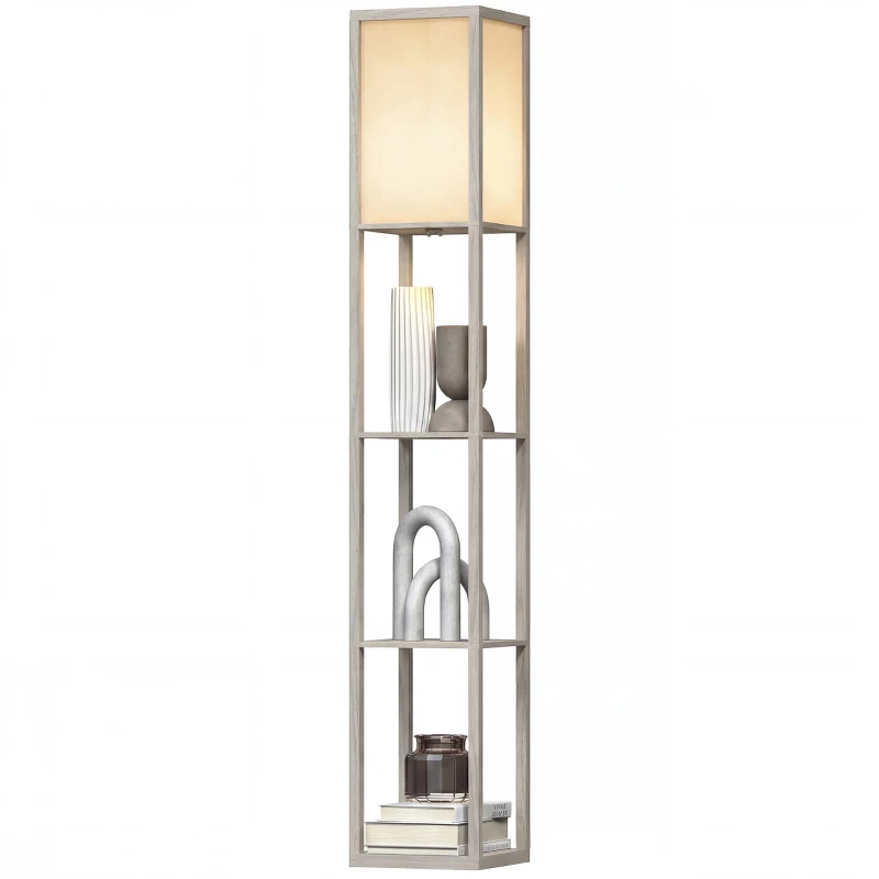 HOMCOM 3-Tier Floor Lamp with Shelves and Storage, Modern Corner Standing Lamp with Lampshade, Foot Switch for Living Room, Bedroom, Home Office, Bulb not Included, Oak