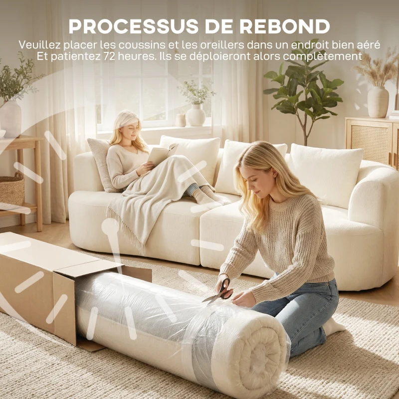 HOMCOM Canapé 3 places en chenille 260 cm, canapé salon, assise large, 3 coussins, pas de montage nécessaire, crème