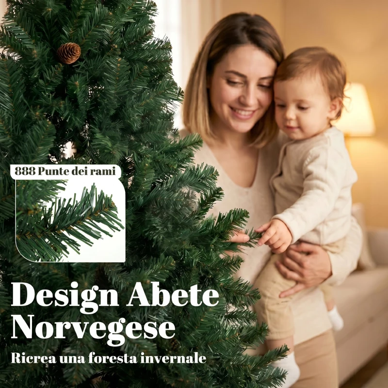 HOMCOM Albero di Natale 180 cm Artificiale con 888 Rami Ignifughi, Base in Metallo Pieghevole, Verde