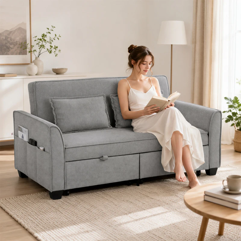 HOMCOM 2 Seater Sofa Bed, 4-in-1 L-Shaped Convertible Pull-Out Sleeper Sofa with Adjustable Backrest and Side Pockets, Grey