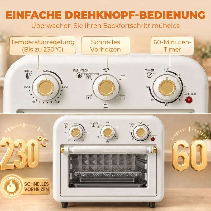 HOMCOM Heißluftfritteuse 12 Liter Mini Backofen mit Umluft, 5 Programmen, Backblech und Frittierkorb, 1200 W, Spülmaschinenfest