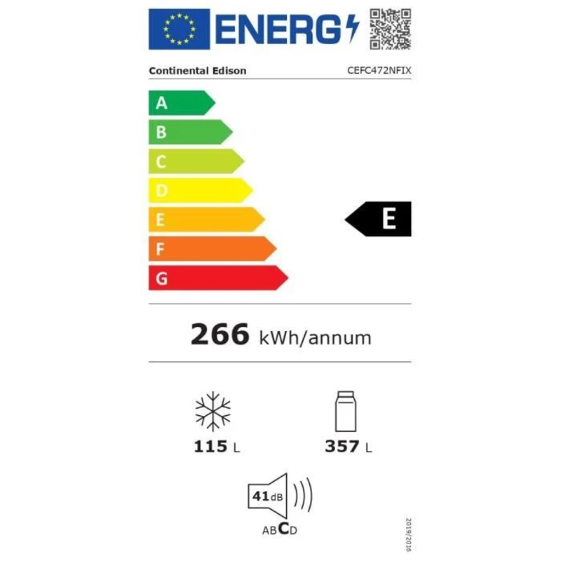 Réfrigérateur congélateur bas CONTINENTAL EDISON- 472L - Total No Frost ( Sans givre) - 41 dB - L70 cmxH186cm -inox
