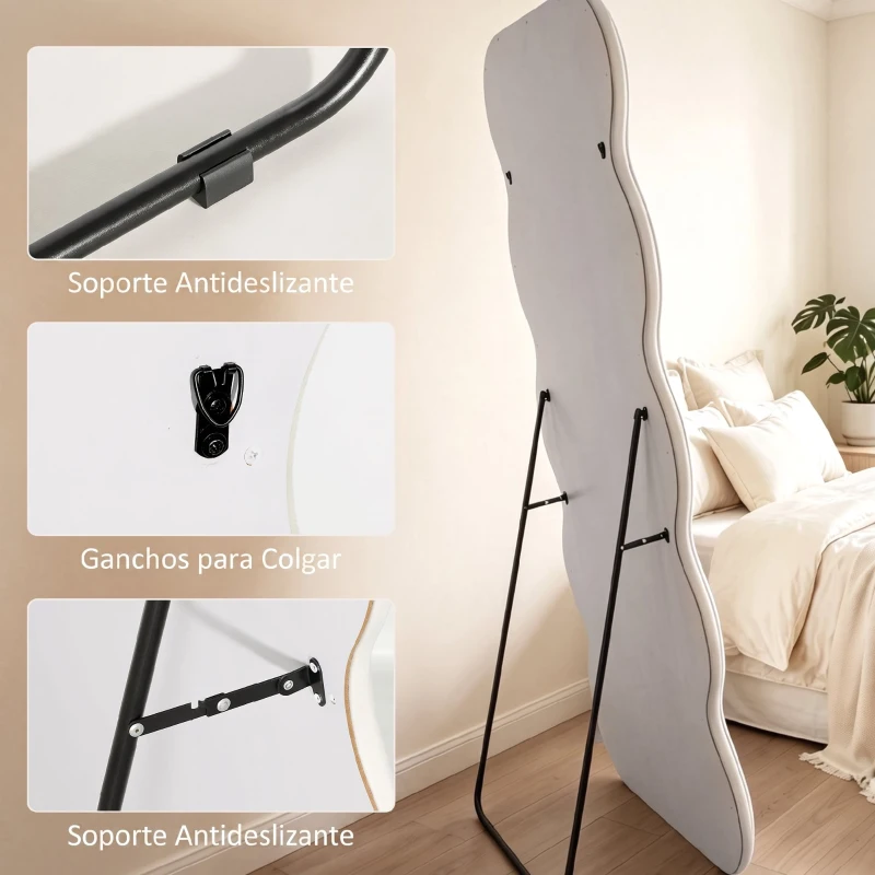 HOMCOM Espejo de Cuerpo Entero 160x60 cm Marco Ondulado Aterciopelado Independiente Apoyado y de Pared Crema