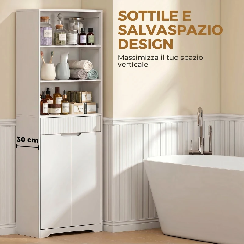 HOMCOM Mobile Bagno Alto, Armadietto Stretto con 3 Ripiani Aperti e Cassetto, in Legno, 60x30x171 cm, Bianco