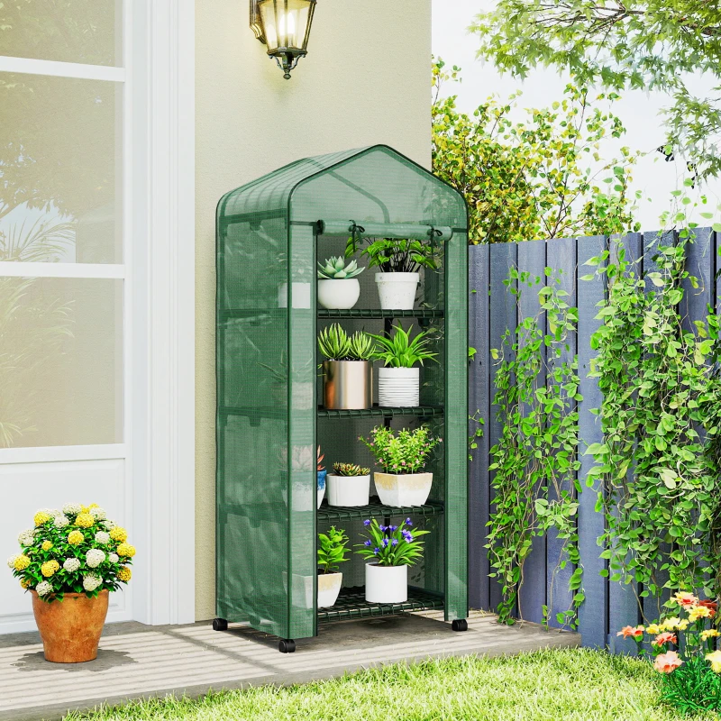 Outsunny 4 Tier Mini Portable Greenhouse Compact Plant Grow Shed Metal Frame PE Cover with Lockable Rolling Wheels , Green