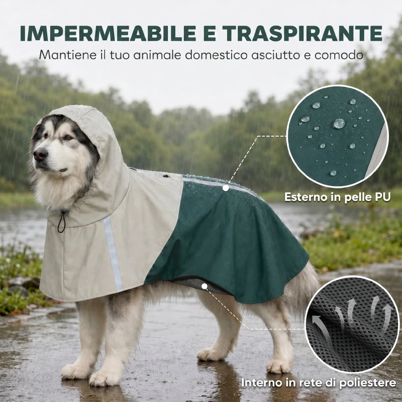PawHut Impermeabile per Cani con Cappuccio, Foro per Guinzaglio e Strisce Riflettenti, per Cani di Taglia Gigante, Verde