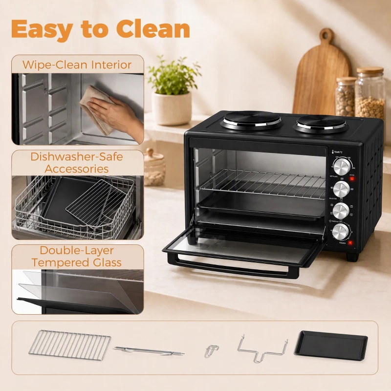 HOMCOM 36L Mini Oven with Dual Hot Plates, Electric Countertop Cooker with Convection, 90–230°C Adjustable Temperature