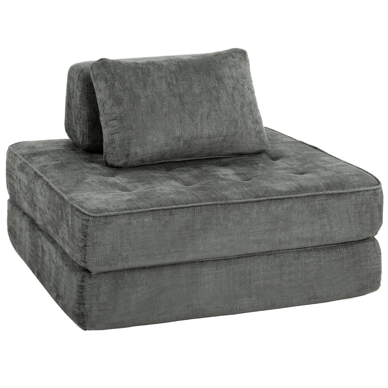 HOMCOM Canapé-lit pliant 2 en 1, chauffeuse 1 place, convertible en chenille, coussin épais, dossier et oreiller, gris