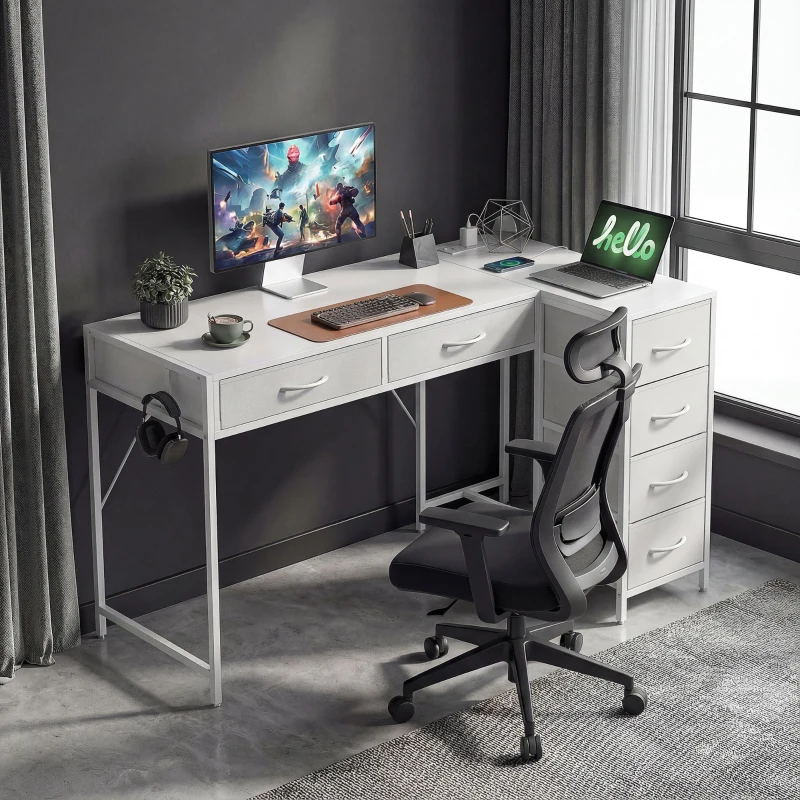 HOMCOM Escritorio Esquinero Reversible con 6 Cajones 126x48 cm con Toma de Corriente Puerto de Carga USB y USB-C Blanco