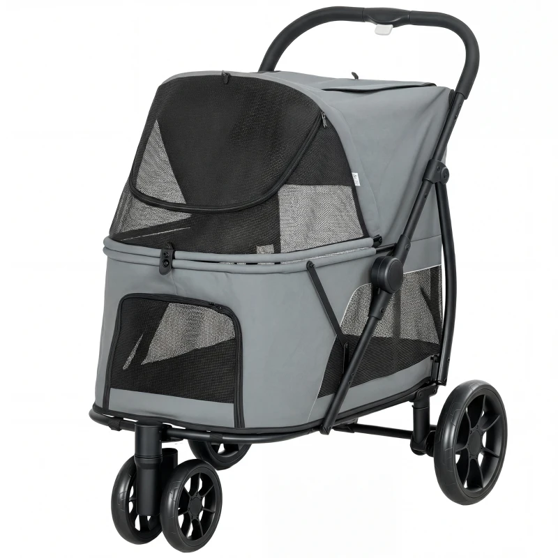PawHut Dog Stroller, 3 Wheels Pet Stroller with Dual Entry, Easy One-Click Quick Fold, Mesh Windows, Washable Cushion