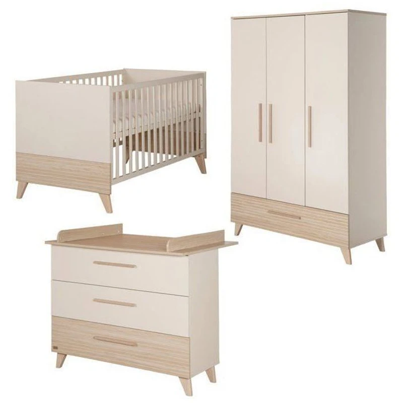 Chambre bébé trio : Lit évolutif 70 x 140 cm + Commode a langer + Armoire - SIDNEY - ROBA - Chene / Beige