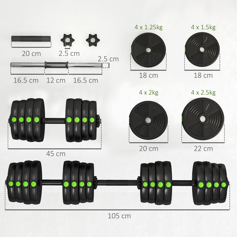 SPORTNOW Adjustable Weight Barbell & Dumbbells Set Free Weights Strength Muscle Exercise Home Gym Training, Black and Green
