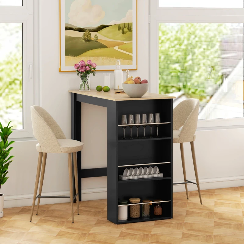 HOMCOM Mesa Alta de Bar Mesa de Cocina con 3 Estantes Marco de Madera Estilo Moderno 112x57x106 cm Negro y Natural