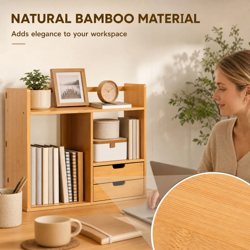 HOMCOM Organizator de Birou cu 2 Sertare și Rafturi pentru Documente, Bambus, 48x19,5x 46 cm, Culoare Lemn