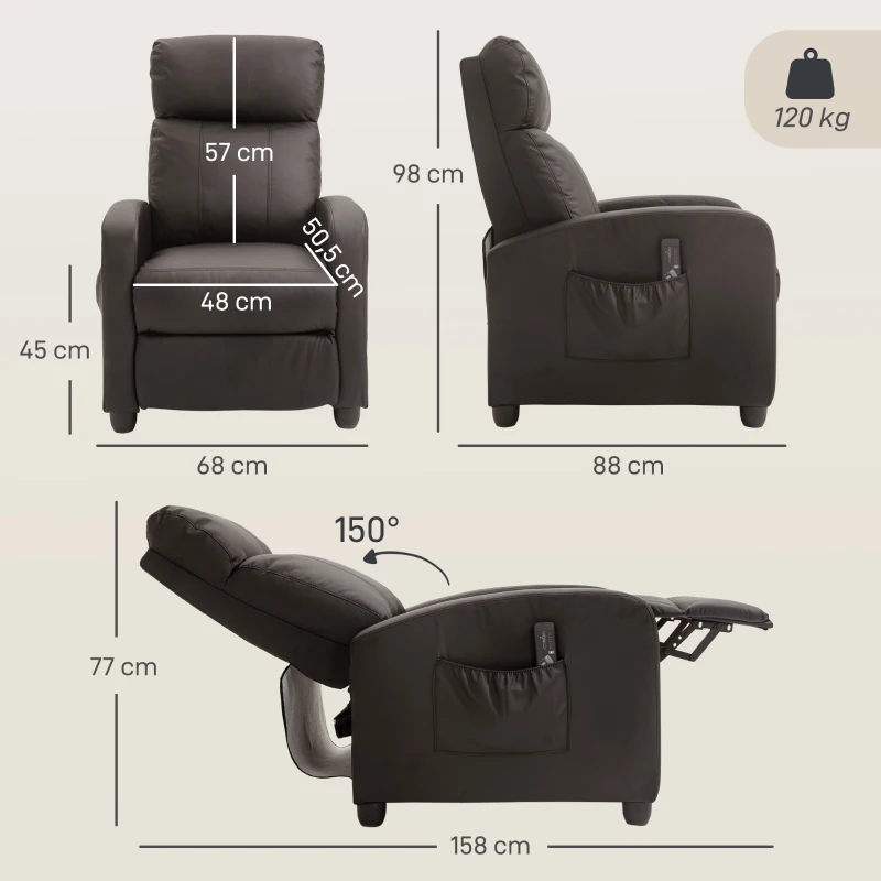 HOMCOM Sillón de Masaje Reclinable con Mando a Distancia Bolsillo Lateral y Temporizador Tapizado en PU 68x88x98 cm Marrón