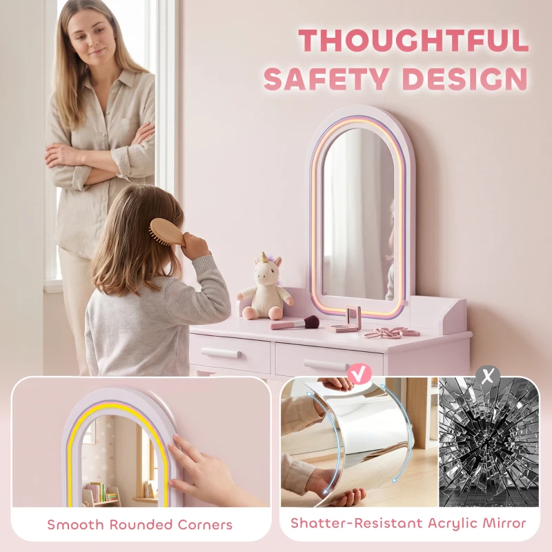 AIYAPLAY Kids Dressing Table, Girls Vanity Set with Stool, 3-Colour LED Lights Mirror, Large Drawer for Ages 3-8, Pink