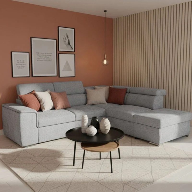 Canapé d'angle convertible réversible - 5 places - DAYTONA - Tissu texturé gris perle - Coffre - 260 x 216 x 94 cm
