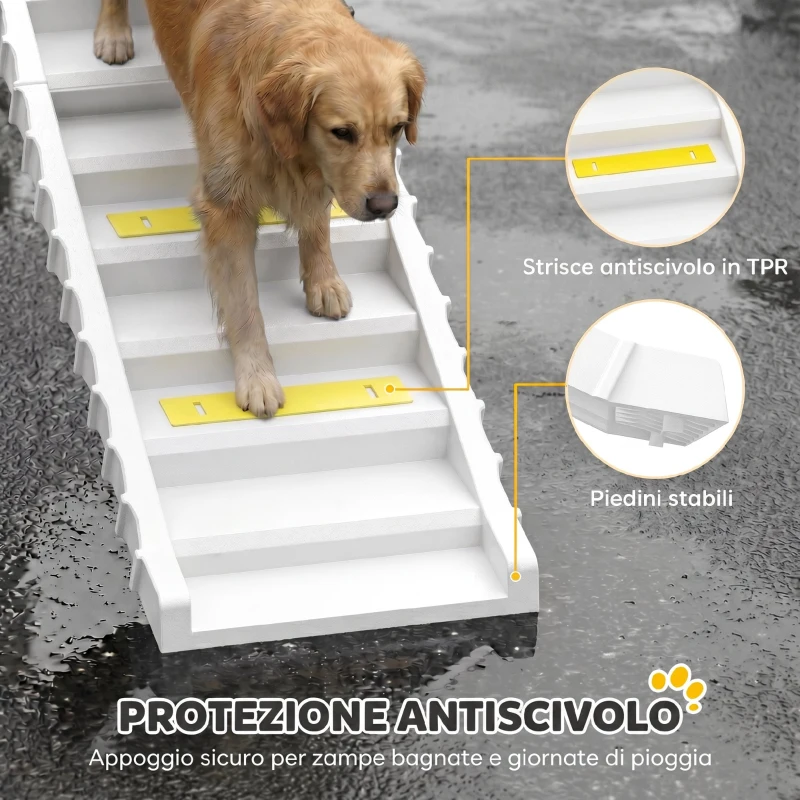 PawHut Rampa Pieghevole per Cani per Auto a 10 Gradini con Strisce e Piedini Antiscivolo, Bianco