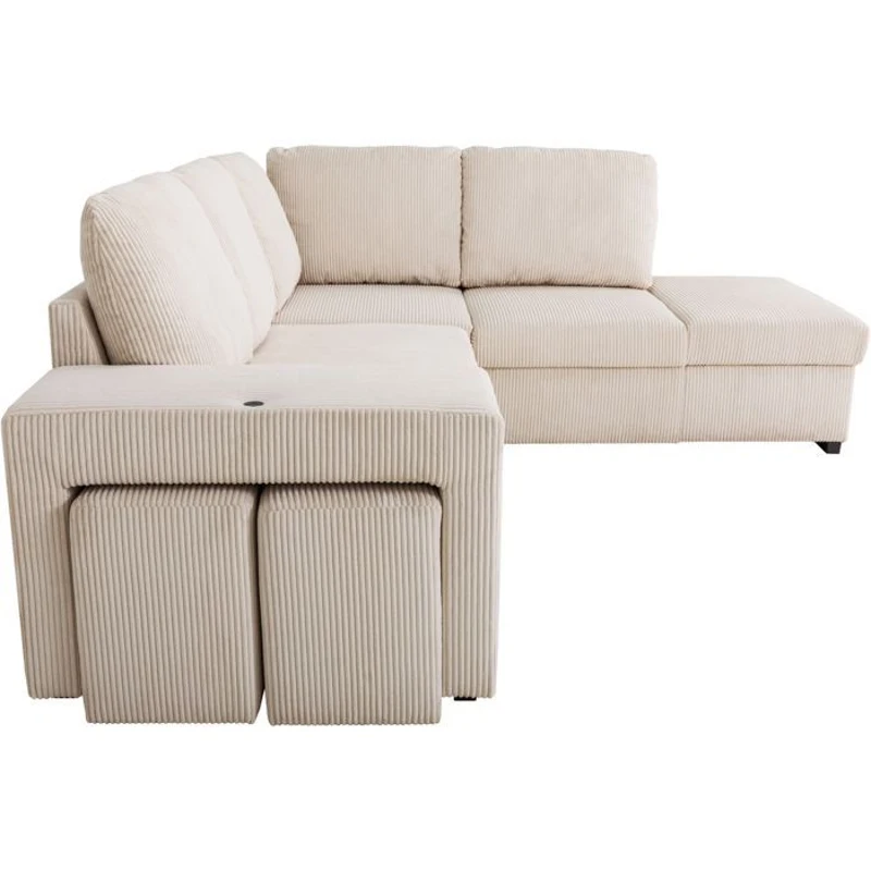Canapé d'angle convertible réversible - 4/5 places - MITCHELL - Velours côtelé Beige - Coffre, Poufs USB - 247 x 205 x 91 cm