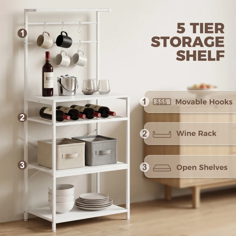 HOMCOM Freestanding Shelving Unit, Industrial Storage Shelf with 6 Hooks and Wine Rack for Living Room, Home Office, White