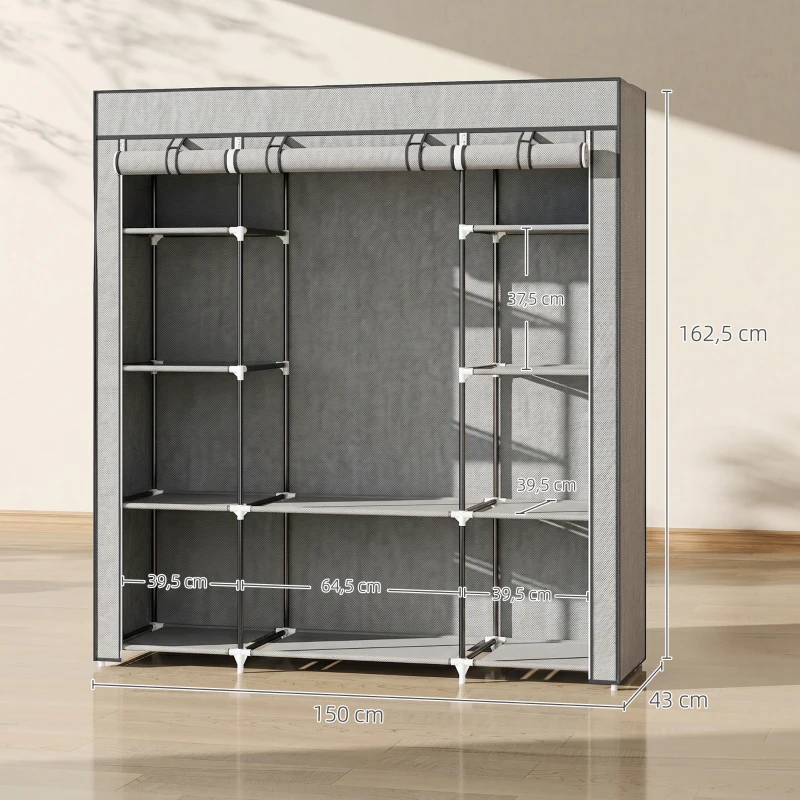 HOMCOM Armoire de rangement penderie en tissu pliable avec barre de suspension et étagères, 150 x 43 x 162,5 cm, gris clair
