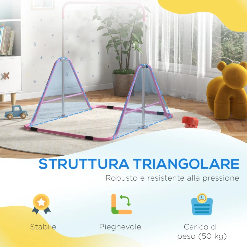 HOMCOM Sbarra Ginnastica Artistica per Bambini 3+ Anni con Altezza Regolabile su 5 Livelli, in Acciaio, Rosa