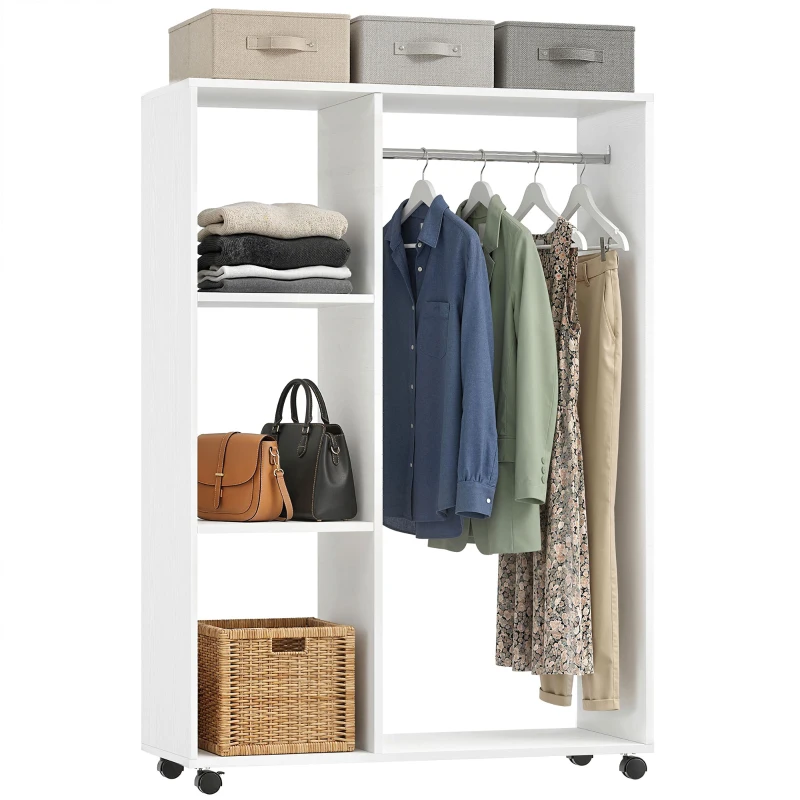 HOMCOM Kleiderschrank auf Rollen, mobile Garderobe, Garderobenschrank, Rollbarer Kleiderständer, 80 x 40 x 128 cm, Weiß(m-12)