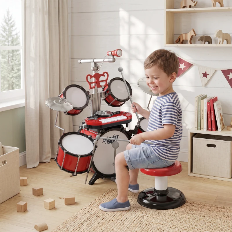 HOMCOM Kit de Batterie pour Enfants avec Tabouret, Clavier Électronique, Microphone, Connecté via USB, 77,5x40x76,5cm, Rouge(m-15)