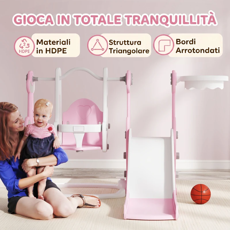 AIYAPLAY Scivolo per Bambini 4 in 1 con Altalena, Scaletta da Arrampicata e Cestino da Basket, 18-48 Mesi, Rosa