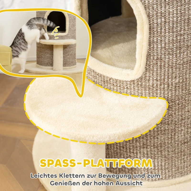 PawHut Katzenfass, Kratzbaum mit 2 Ebenen, Sprungplattform, Aussichtspunkt, Kratzmatte, zum Ausruhen und Spielen, Beige