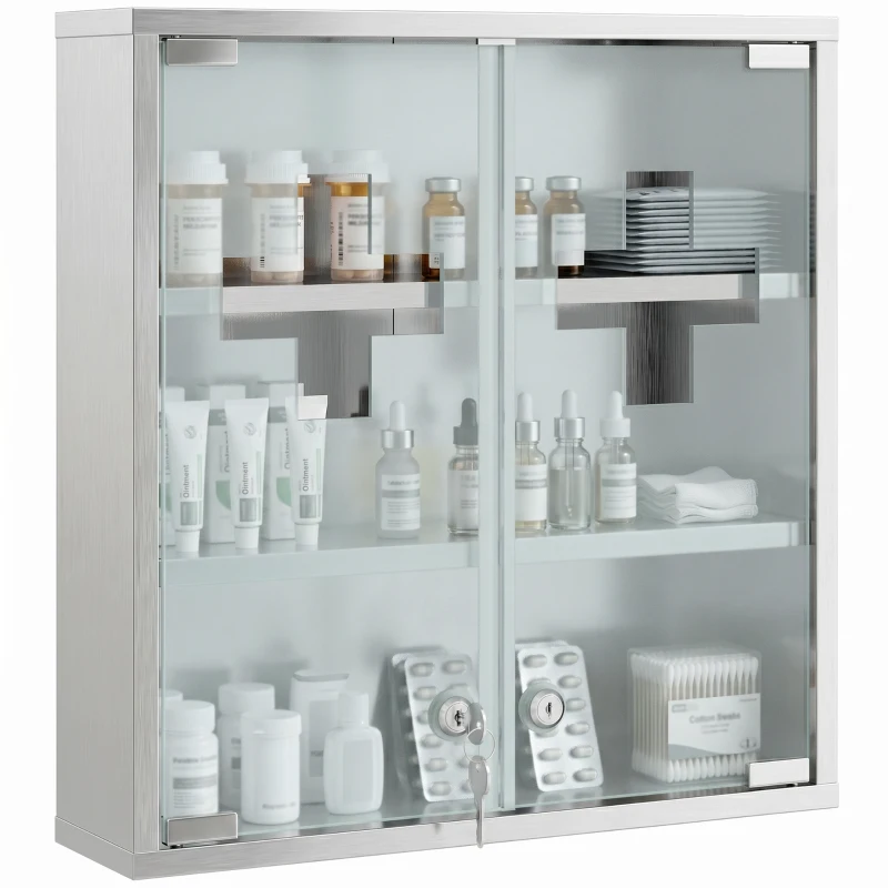 HOMCOM Medizinschrank, Abschließbarer Medikamentenschrank mit 2 Schlüsseln, Glastür und 6 Regalen, 48 x 46 x 12 cm, Silber