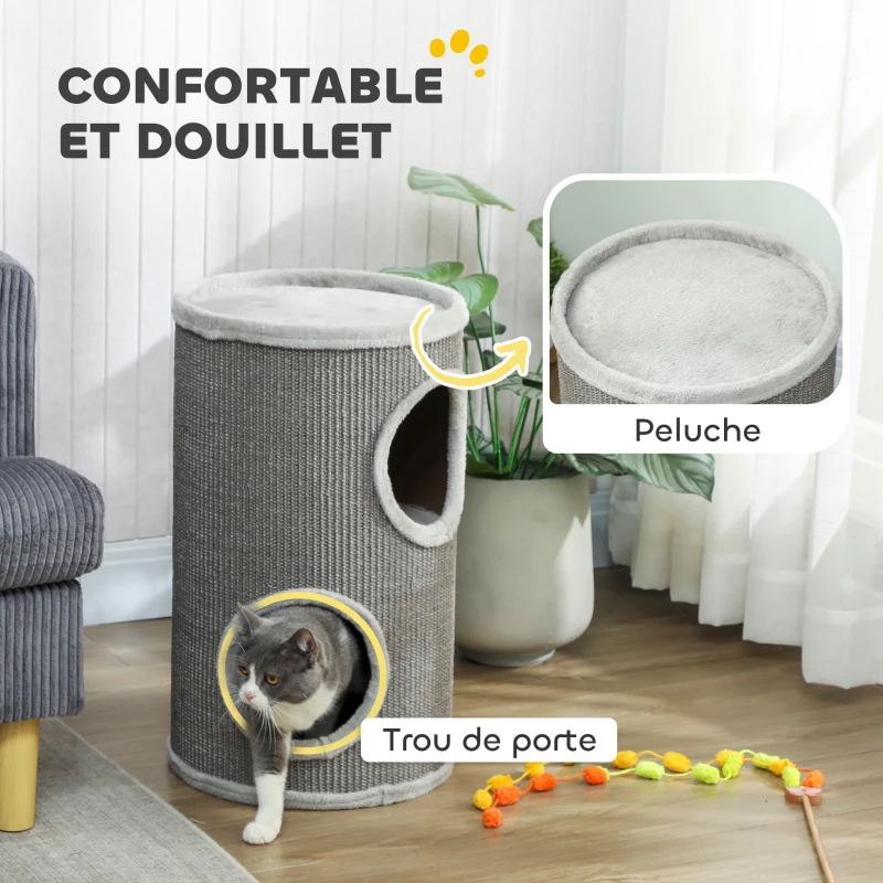 PawHut Tonneau à Gratter pour Chat, Tour à Griffer, Arbre à Chat à 2 Couches en Sisal Naturel, Ø35x60cm, Gris Clair