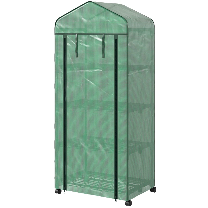 Outsunny 4 Tier Mini Portable Greenhouse Compact Plant Grow Shed Metal Frame PE Cover with Lockable Rolling Wheels , Green