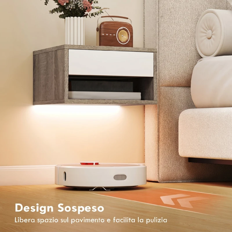 HOMCOM Set 2 Comodini Sospesi con LED RGB Integrati e Regolabili con APP, Cassetto e Ripiano, 37x32x21 cm, Bianco Color Legno