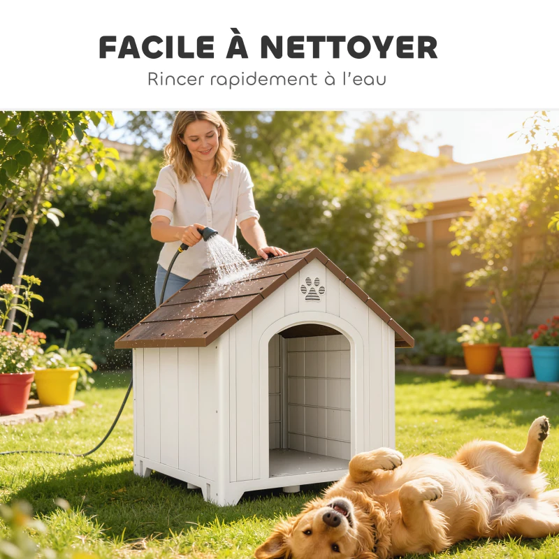 PawHut Niche pour chien extérieur, maison chien en polypropylène imperméable, ventilé, plancher surélevé, gris clair