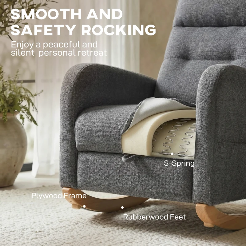 HOMCOM Upholstered Rocking Chair Retractable Footrest Rocker Chair High Back for Living Room Grey