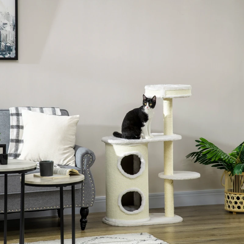 PawHut Albero Tiragraffi per Gatti Alto 100 cm con Palo Graffiatoio in Sisal, Cesto e Casetta a 2 Livelli, Crema