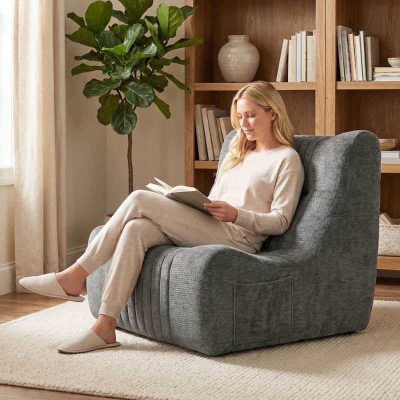 HOMCOM Canapé Paresseux Chaise de Sol à Silhouette Papillon avec Poches Latérales, sans Assemblage, 80x90x76cm, Gris Châtaigne