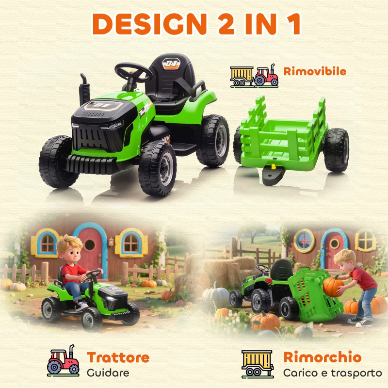 AIYAPLAY Trattore Elettrico per Bambini con Rimorchio Staccabile e Telecomando, in Plastica e Metallo, 139x58x55 cm, Verde