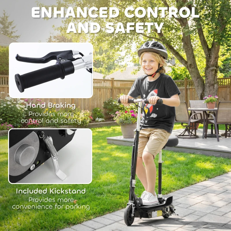 HOMCOM Powered Powered Scooter Ride-On, with Brakes, Adjustable Seat, Adjustable Handlebars, Black