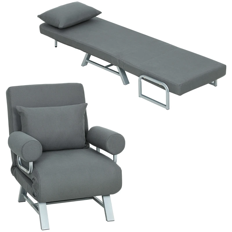 HOMCOM Fauteuil Convertible 1 Place, Fauteuil-Lit Pliable Rembourré en Lin avec Dossier Réglable, Oreiller, Gris Foncé