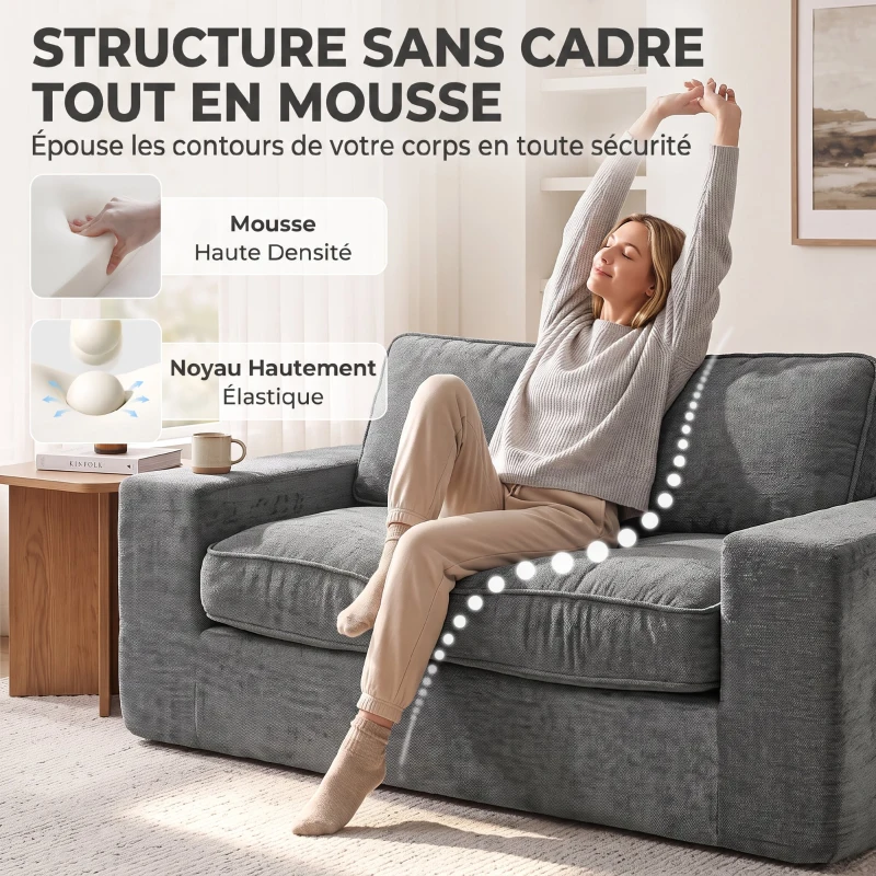 HOMCOM Canapé 2 Places en Chenille, Canapé de Salon 156 cm, Assise et Accoudoirs Larges Rembourrées, 2 Oreillers, Gris