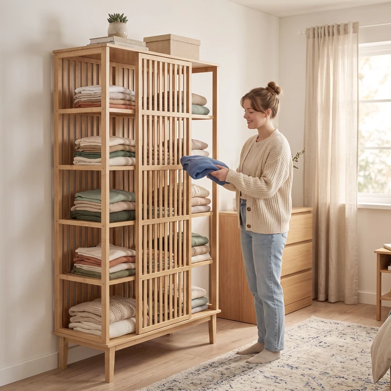 HOMCOM Armoire Chambre Penderie en Bambou 5 Niveaux avec Porte Coulissante, Design Aéré à Lattes, Bois Naturel