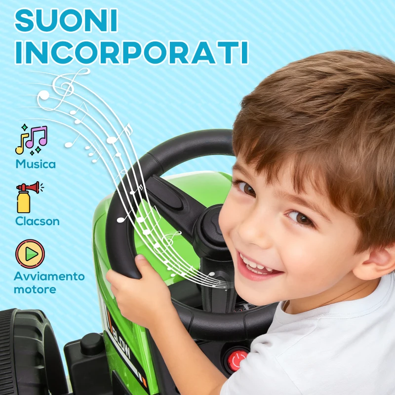 HOMCOM Trattore Elettrico per Bambini 3-6 Anni con Rimorchio Rimovibile, Batteria 12V e Telecomando, Verde
