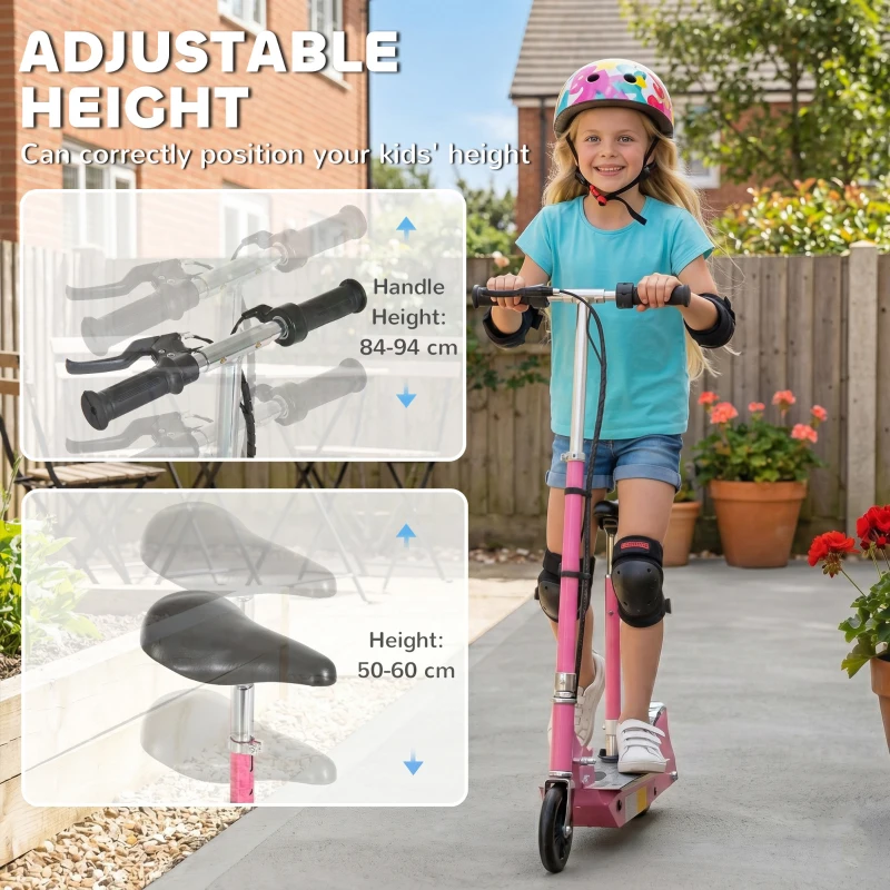 HOMCOM Foldable Powered Scooter with Adjustable Handle, Brake, Pink