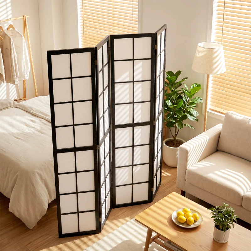 HOMCOM Paravento da Interno a 4 Pannelli Pieghevole in Legno e Tessuto, 160x170 cm, Nero e Bianco