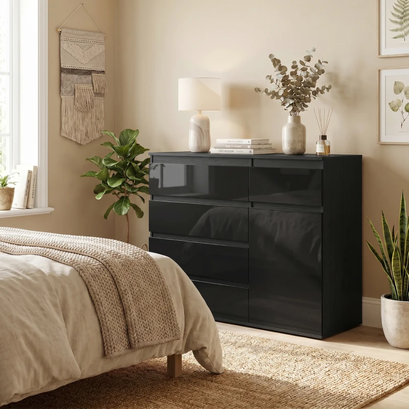 HOMCOM Modernes Sideboard, Stauraum-Sideboard mit 5 Schubladen, verstellbarem Regal, Soft-Close-Tür, Schwarz Hochglanz
